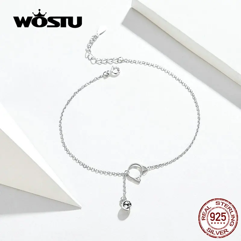 WOSTU 925 Sterling Silver Cute Cat Anklet Beaded Foot Jewelry for Women