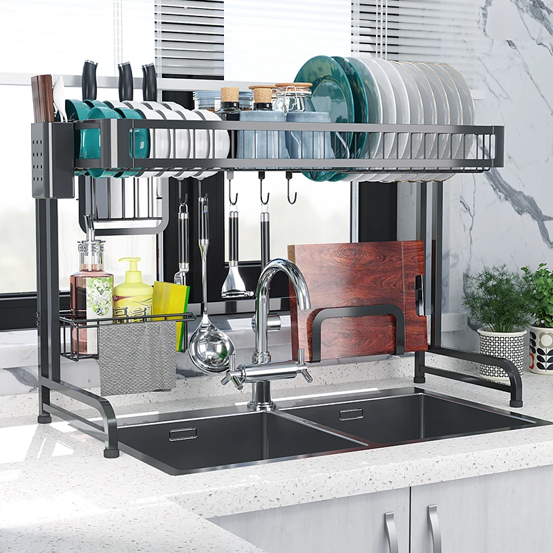 Kitchen Rack Black Stainless Steel Sink Hanging Dish Rack Dishware Storage Rack Floor Drain Rack gdeilipo Home Cupboard