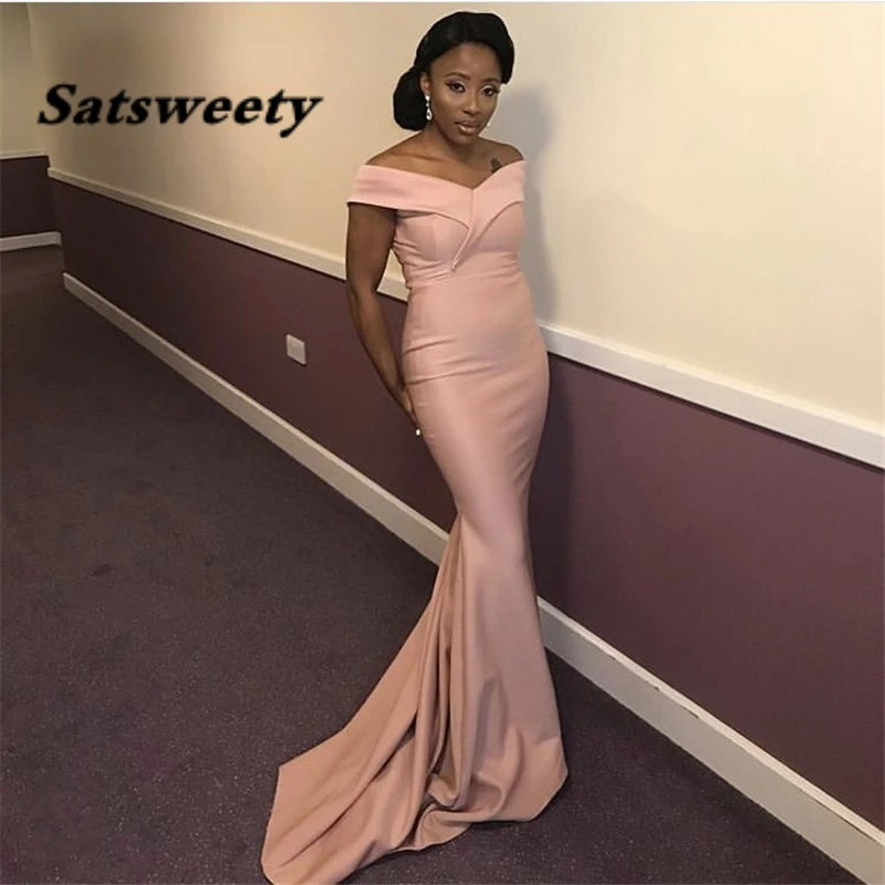 

Pink Bridesmaid Dresses With Zipper Back African Off The Shoulder Floor Length Mermaid Satin Wedding Party Bridemaid Dresses