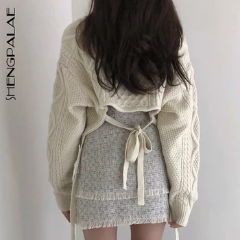 

SHENGPALAE Korean Chic 2020 Autumn And Winter Retro Linen Pattern Back Tie Round Neck Long Sleeve Knitted Sweater ZT1008