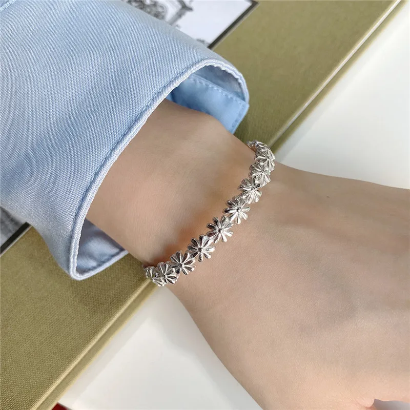 

RUIYI Real 925 Sterling Silver Women Vintage Handmade Daisy Weaving Bangles Girls Birthday Wedding Jewelry Gifts Chic Bangles