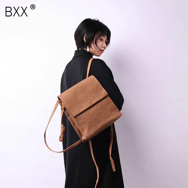 

[BXX] 2020 Retro Special Black Color Kraft Paper Hit Color Double Straps High Capacity Waterproof Light Backpack Woman LM612