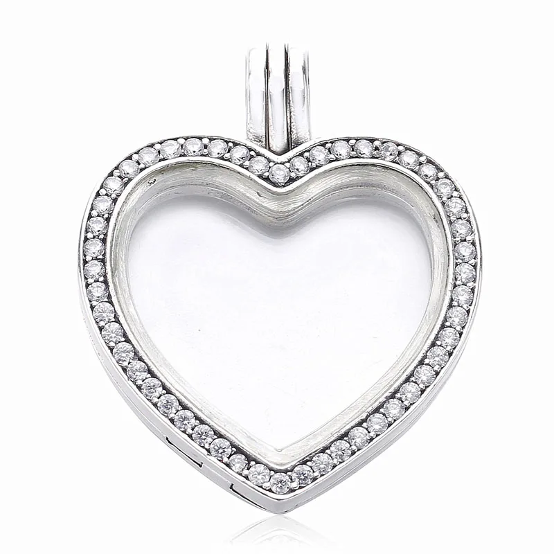 

925 Sterling Silver Bead Charm Medium Lockets Sparkling Heart Floating Crystal Necklace Pendant Fit Pandora Bracelet Diy Jewelry