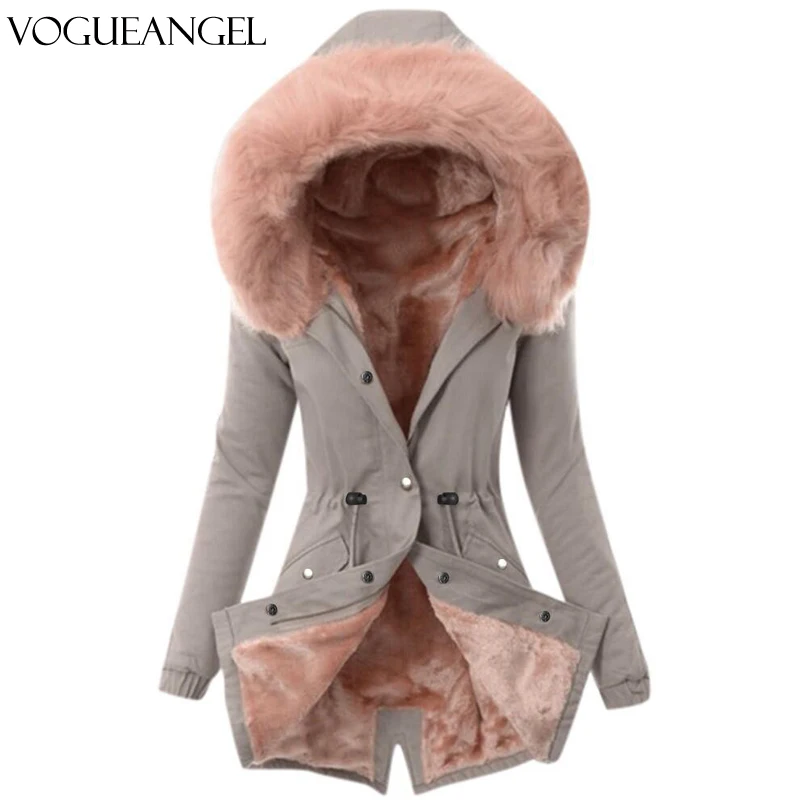 Womens Cotton-Padded Fleece Mid-Length Coat Hoodie Parkas Collar Outwear Jacket with Drawstring 