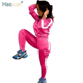 

HAOYUAN Side Reflective Striped Two Piece Set Tracksuit Women Festival Jacket Top Pant Sweat Suit 2 Piece Matching Club Outfits