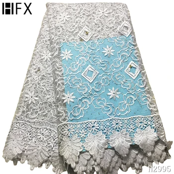 

High quality white cotton lace fabric French net lace Nigerian tulle embroidered with stones beads 5yards/lot HJ2995