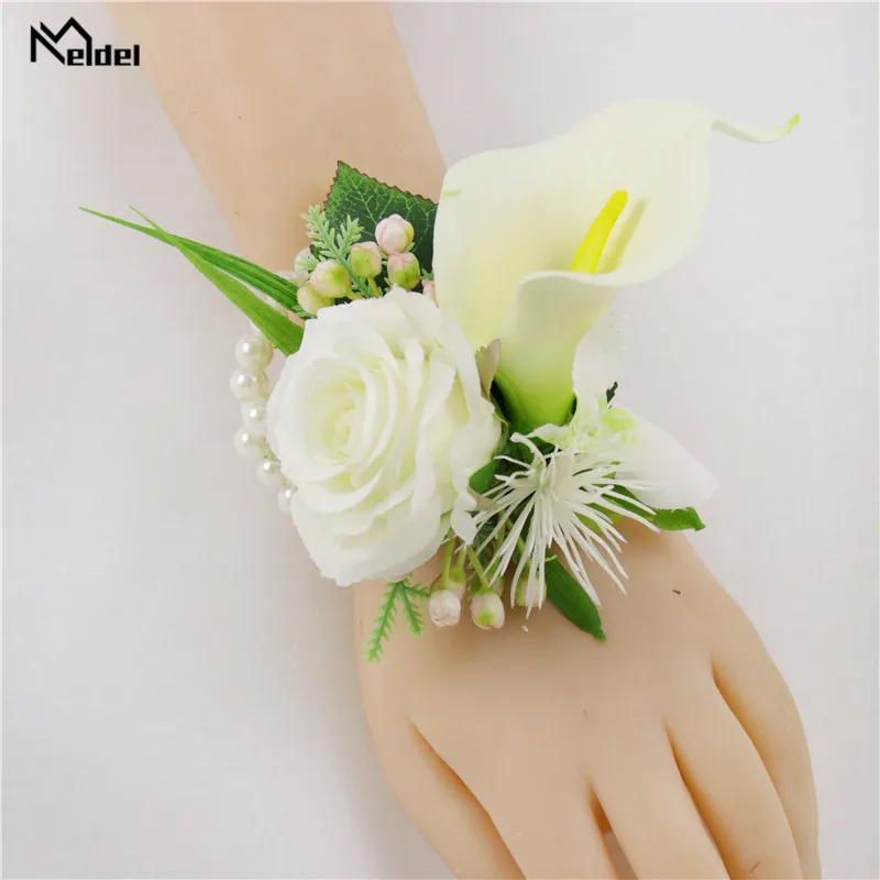 Meldel Silk Rose Calla Wedding Corsages and Groom Boutonnieres Bridesmaids Wrist Bracelets Marriage Party Prom Men Suit Flowers |