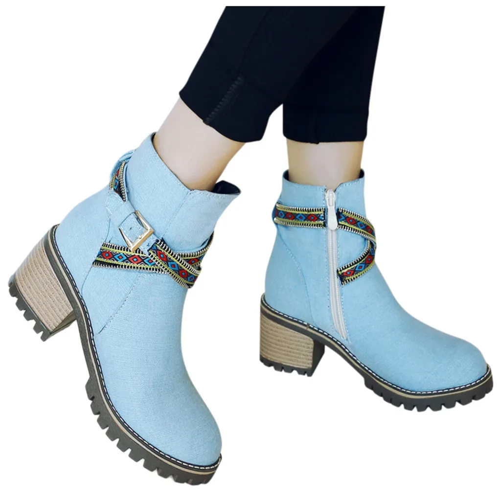 Стильные женские ботинки в этническом стиле; зимние пикантные джинсовые полусапожки; модная женская повседневная обувь на высоком каблуке для вечеринки; элегантные джинсы; Botas