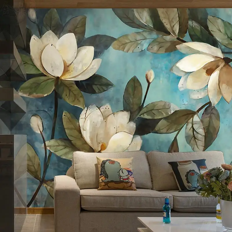 High-Quality-Deep-Texture-3D-White-Lotus-Retro-Style-Oil-Painting-Murals-Home-Decor-Wallpaper-Living (2)