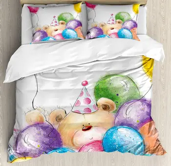 

Kids Birthday Duvet Cover Set Hand Drawn Style Childish Design Teddy Bear Toy and Colorful Balloons Print Bedding Set Multicolor