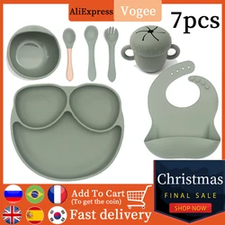 Vajilla de alimentación de silicona antideslizante para bebé, plato de cena de silicona de grado alimenticio, tazón, cuchara, babero, suministros de alimentación para bebé