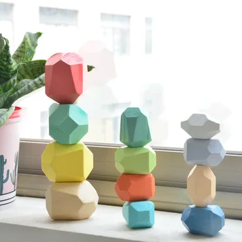 

10PCS Building Block Colored Stone Home Decoration Accessories Nordic Deco Balancing Stacking Blocks Block Game Rainbow Wooden