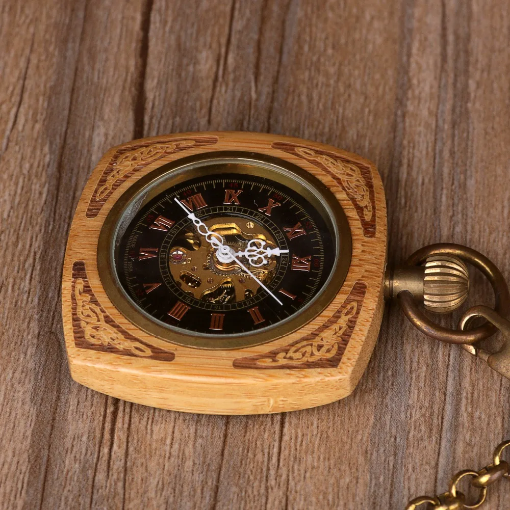 Квадратные деревянные механические цепочки для карманных часов, роскошные деревянные часы с ручным подзаводом, карманные часы с скелетом, мужские и женские часы, подарки