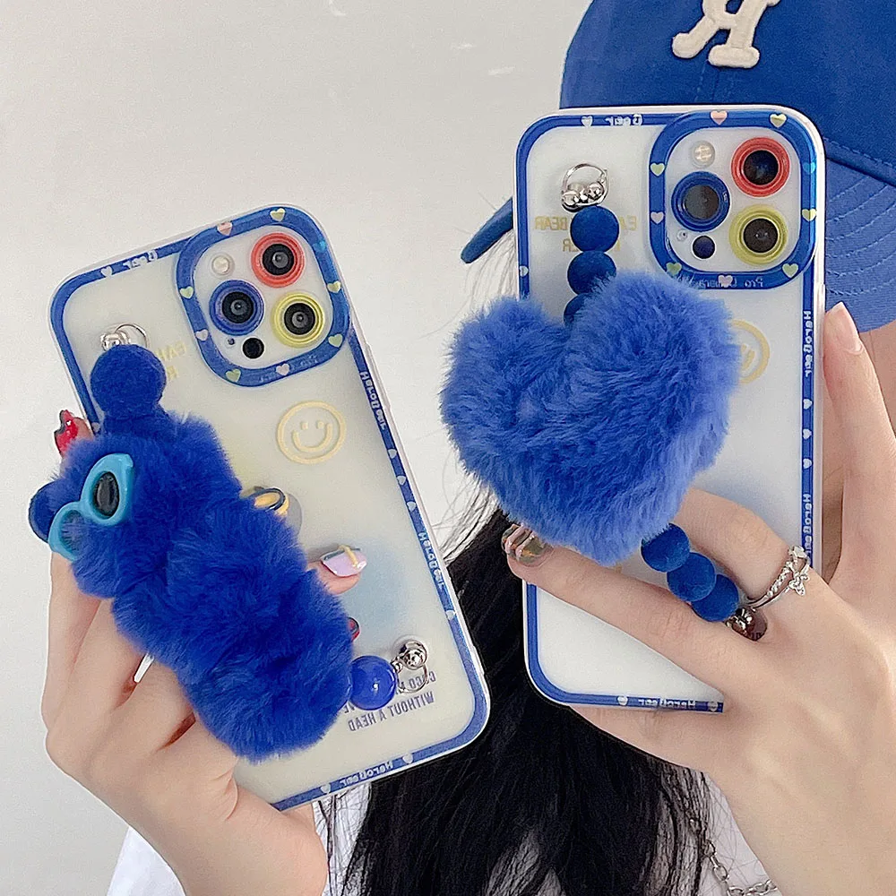 Klein Blue Love Heart Wrist Chain Phone Case For iPhone 13 11 12 Pro XR XS X Max 7 8 Plus Cute Caterpillar Bracelet Plush Cover | Мобильные