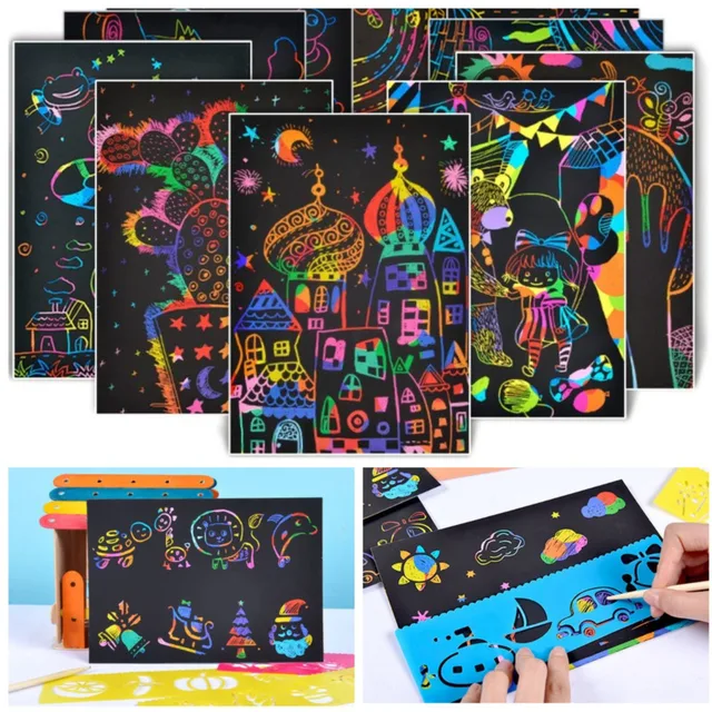 Magic Rainbow Color Scratch Art Paper Card Set With Graffiti Stencil Drawing Board Stick DIY Art Painting Educational Toys Gift 2