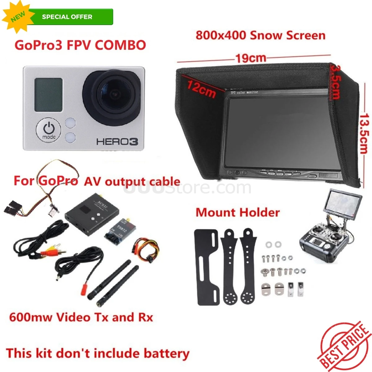 

Gopro 4K FPV Combo 800x480 Non-blue Monitor + 600mw Tx and Rx + Radio Holder For RC Drone QAV250