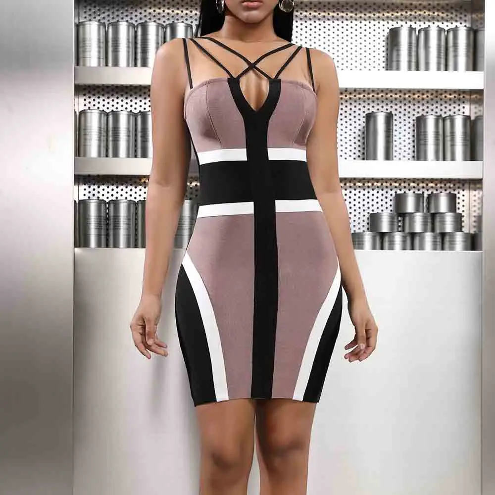 

Ocstrade 2020 New Bandage Dress Sexy V Neck Patchwork Bandage Dress Spaghetti Mini Boodycon Celebrity Evening Club Party Dress