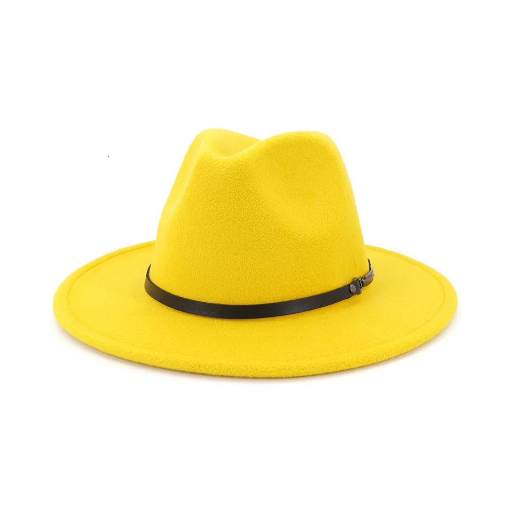 yellow Зимние фетровые шляпы для женщин, синяя шерстяная фетровая шляпа, Повседневная винтажная причудливая Женская фетровая шляпа с поясом, женские шляпы с широкими полями, винтажные джазовые кепки - Цвет: yellow