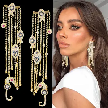 

missvikki 2019 Cute Long chains Fish Seahorse Pendant Earrings Full Shiny CZ Bride Wedding Engagement Party Earrings Jewelry
