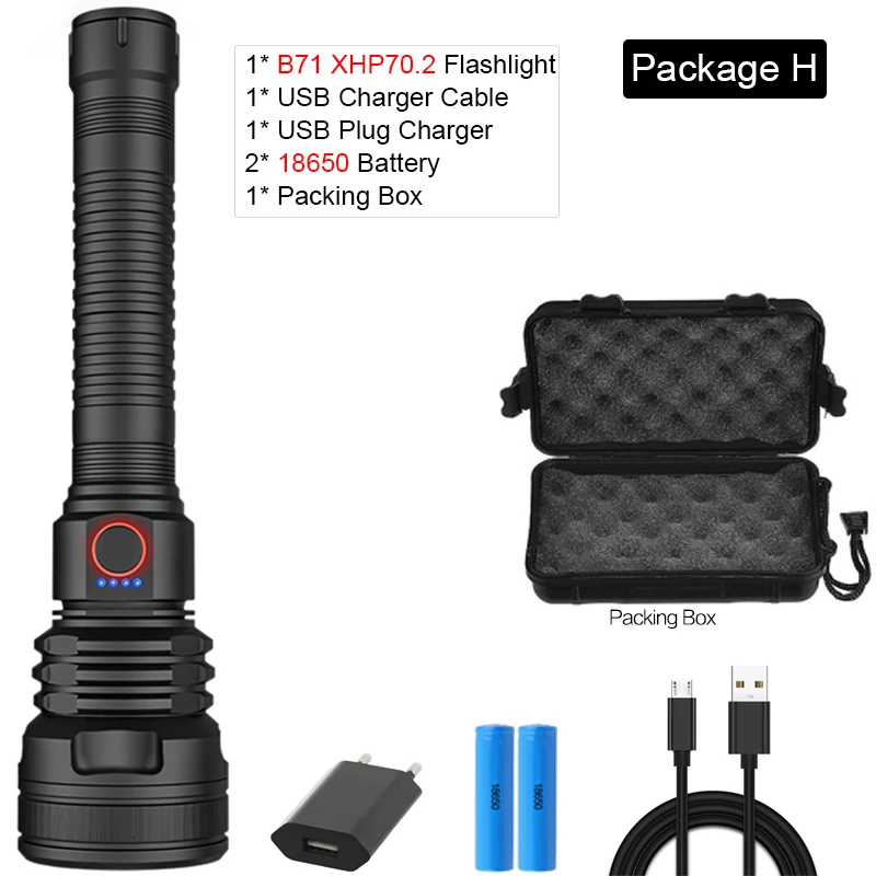 Package H Самый мощный светодиодный фонарик с зарядкой от USB, светодиодный фонарь, мощный фонарик XHP50 XHP70, водонепроницаемый фонарь, аккумулятор 26650 18650 - Испускаемый цвет: Package H