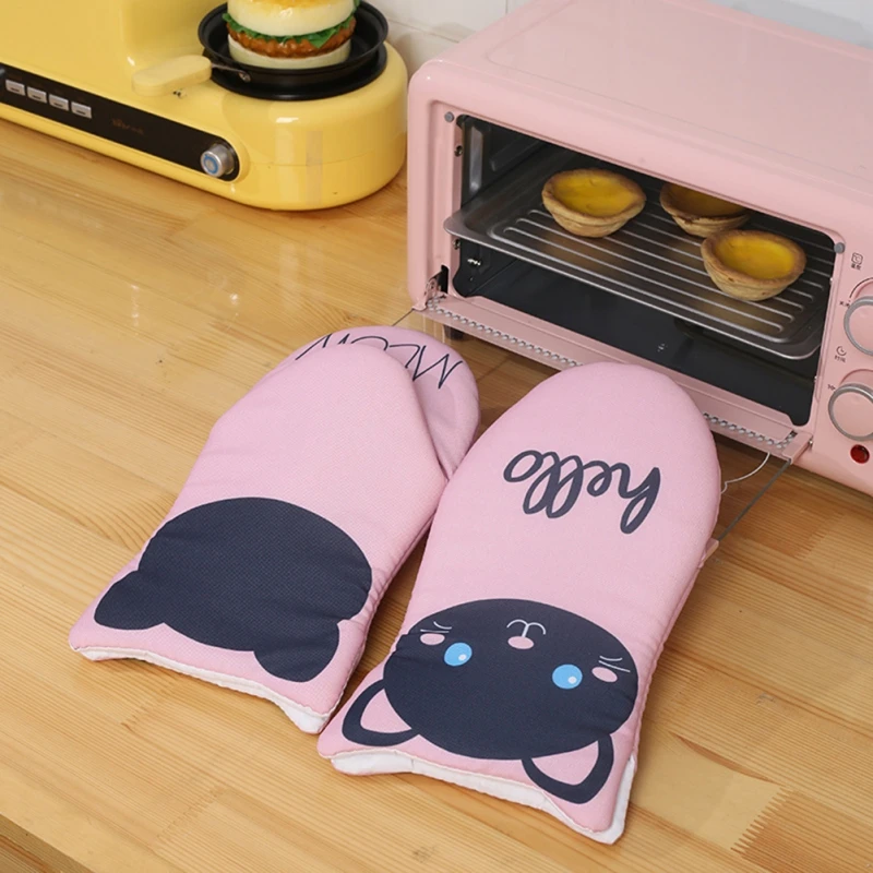 1 Pair Cartoon Animal Cat Paws Oven Mitts Heat Resistant Non-slip Long Microwave Gloves Cotton Kitchen Baking Insulation Gloves
