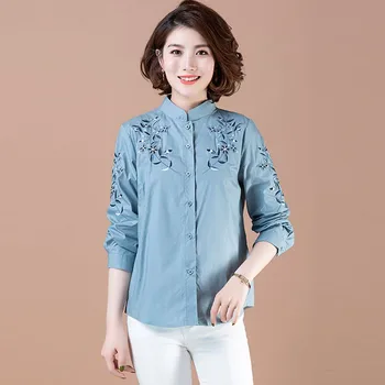 

Plus Size Women Long Sleeve Shirts New Arrival 2020 Autumn Vintage Embroidery Stand Collar Loose Ladies Casual Cotton Tops S2007