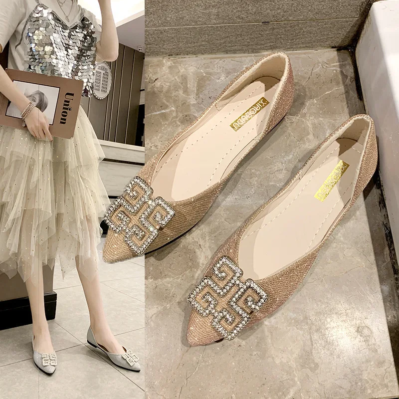 

CHIC Online Celebrity Pointed Shallow Mouth Shoes Women's 2019 Spring And Autumn New Style Korean-style Metal Square Buckle Flat