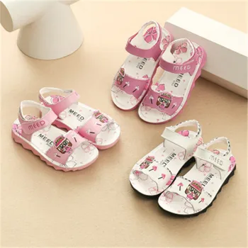 

Summer Girl Beach Shoes Fashion Cartoon Leather Princess Shoes Breathable Open-toed Soft-soled Shoes With Loop Fasteners Design