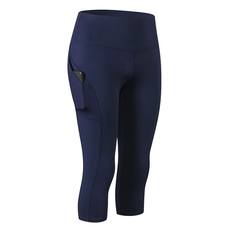 

Women High Elastic High Waist 3/4 Leggings Breathable Quick Dry Anti Sweat Side Phone Pockets Women Running Yoga Pants Fitness