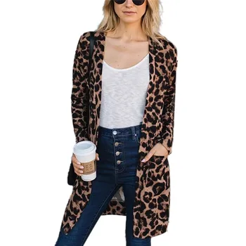 

Fashion Women Leopard Print Cardigan Long Winter Pockets Coats Ladies Poncho Casual Long Sleeve Sweater Cardigan Straight Tops