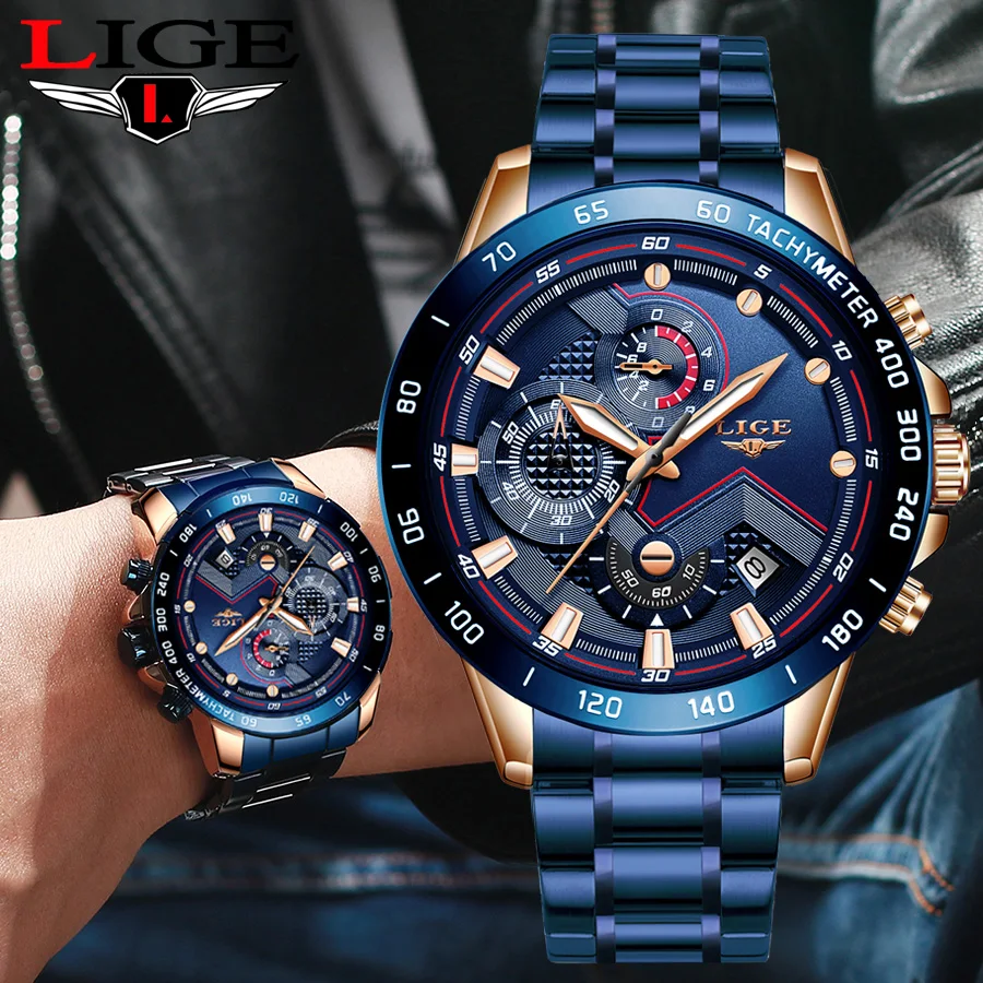 Lige Business Men Watch Luxury Brand Stainless Steel Wrist Watch Chronograph Army Military Quartz-2
