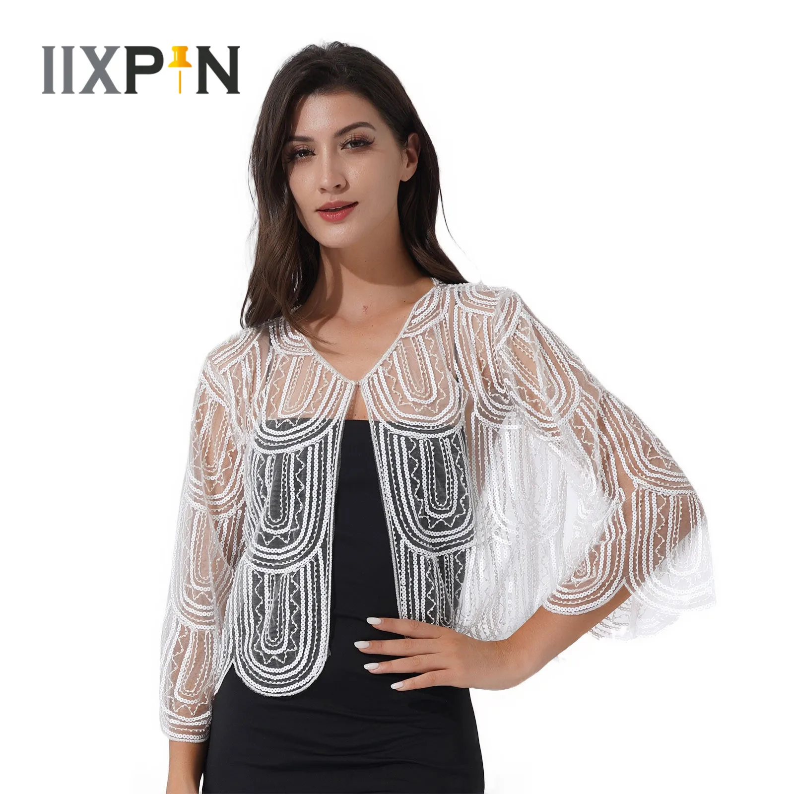 Women's Sequins Bolero Shawl Long Sleeve Shrug Cardigan Tops Wedding Bridal Wrap for Sleeveless Dress Sun Protection Cover Up summer women arm cover chiffon shawl solid color driving sleeves sun protection wrap scarf beach cuff shoulder raglan sleeves