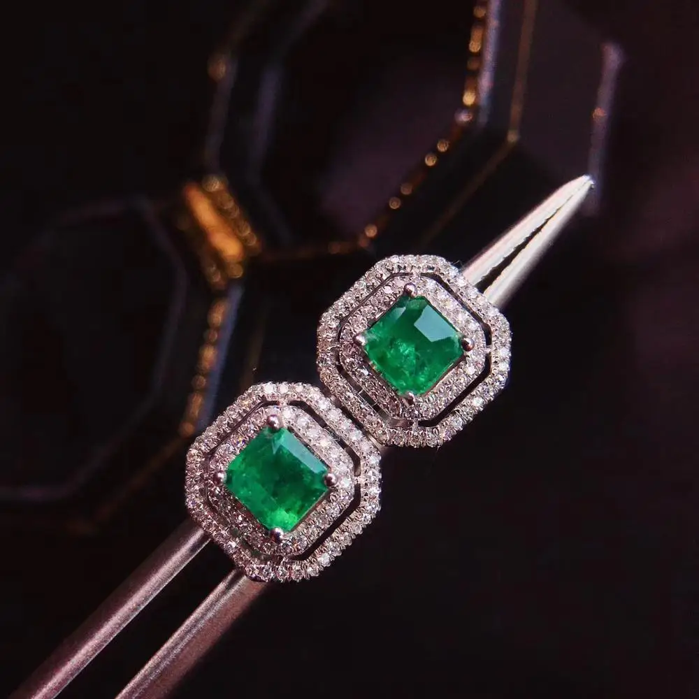 100% Natural Real 0.65ct carat Zambian Emerald Didamond Stup Earring Solid 14K White Gold Anniversary Gift | Украшения и