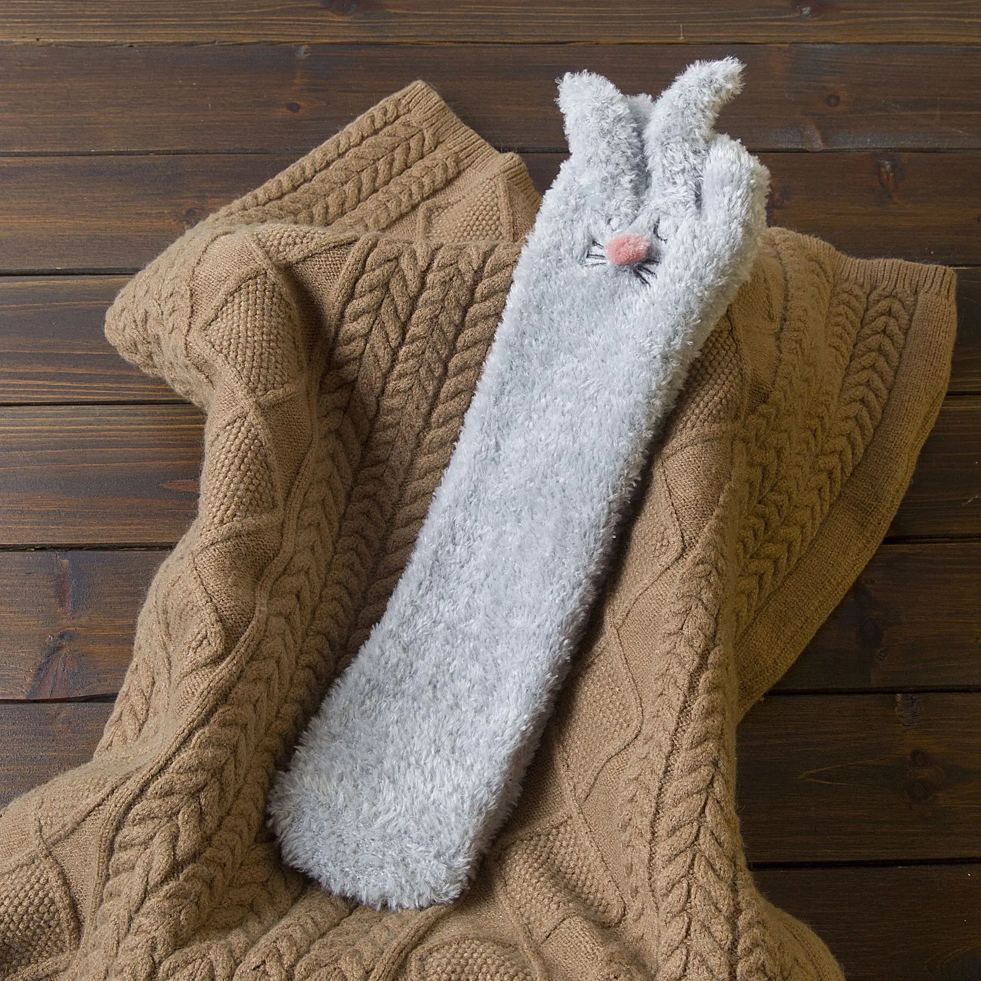 Winter Cute Three-dimensional Cartoon Socks Rabbit Thickened Warm Lady Tube Sleep Coral Velvet Floor Socks B1 - Color: Gray