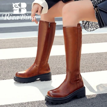 

RIZABINA Size 34-43 Women Knee Boots Pu Round Toe Side Zipper Flats Shoes Winter Warm Boots Women Fashion Party Footwear