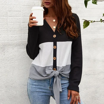 

Female V-neck Sweater Contrast Color Stitching Tops Long-sleeved Button Slim Sweater XL