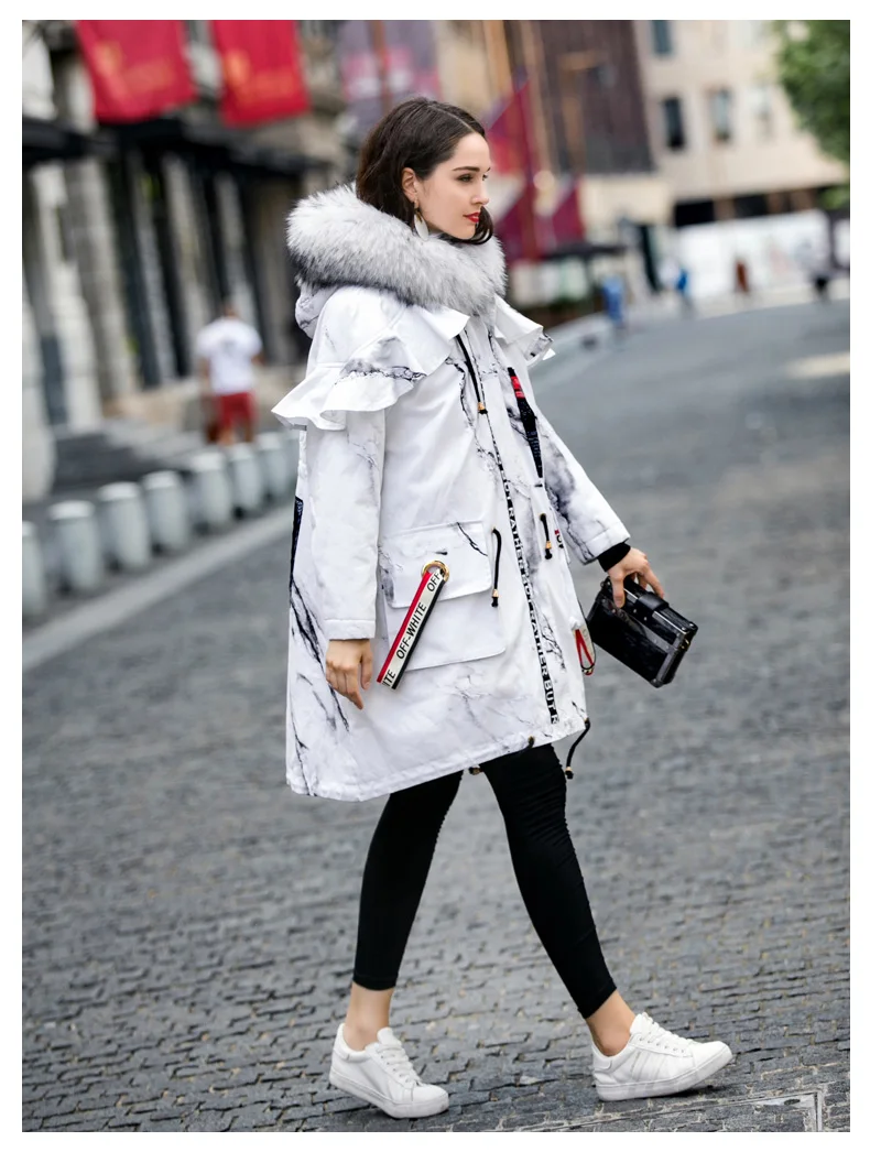 Женское пальто из натурального меха, теплая парка, зимняя куртка на утином пуху, Женская длинная куртка с капюшоном из енота, лисы, LW1848