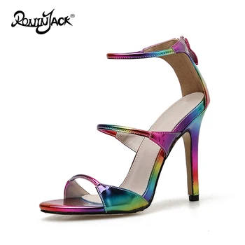 

2020 New Women Rainbow Sandals Shoes Simple Style Zipper Thin belt Sandals High Heels Shoes Woman letnie sandały