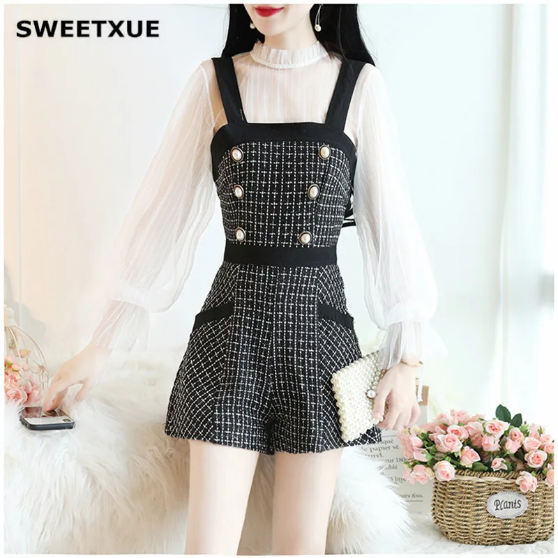 

SWEETXUE Autumn New Tweed Plaid Suit Perspective Top + Strap Double-Breasted Pocket Shorts Fashion Two-Piece Set Winter Women