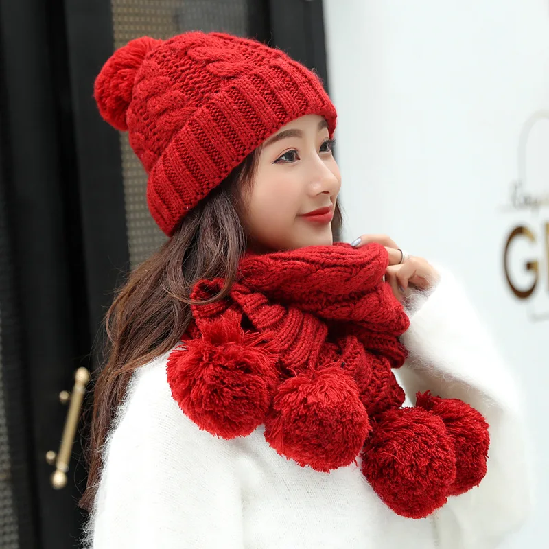 

2020 New Arrival Two-piece Scarf Hat Set Children Women Beanies PomPon Knitted Hats Autumn and Winter Warm Hats