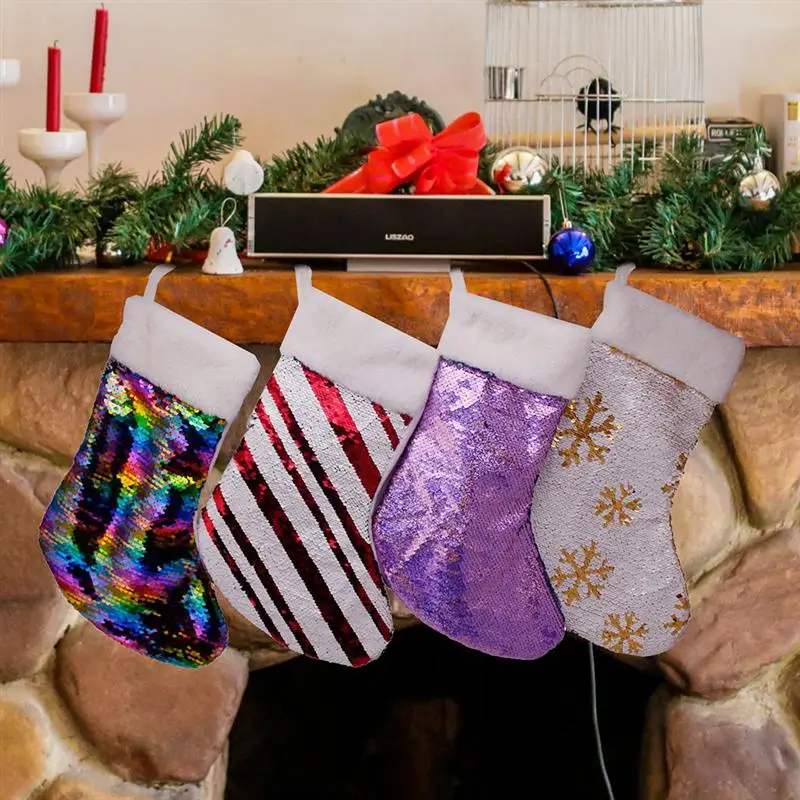 2pcs Reversible Sequin Christmas Stockings Christmas Tree Pendant Christmas Ornament Shiny Cute Ornament Stripe