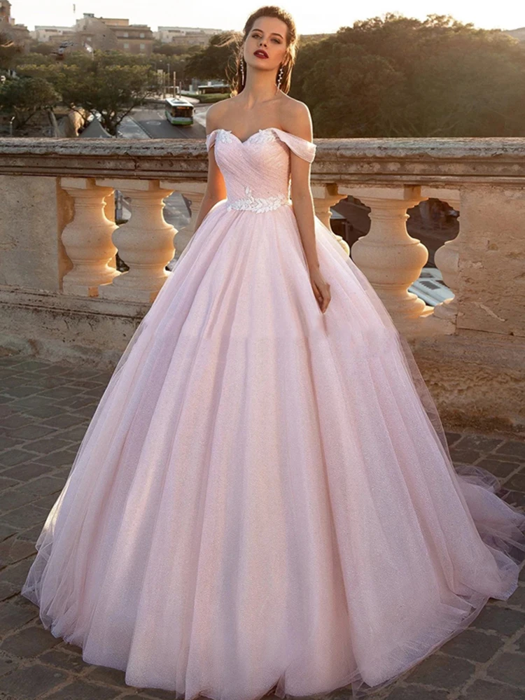 Бальное платье с открытыми плечами из Мягкого Тюля, розовые свадебные платья, кружевные свадебные платья без рукавов с открытой спиной, Vestido De Noiva