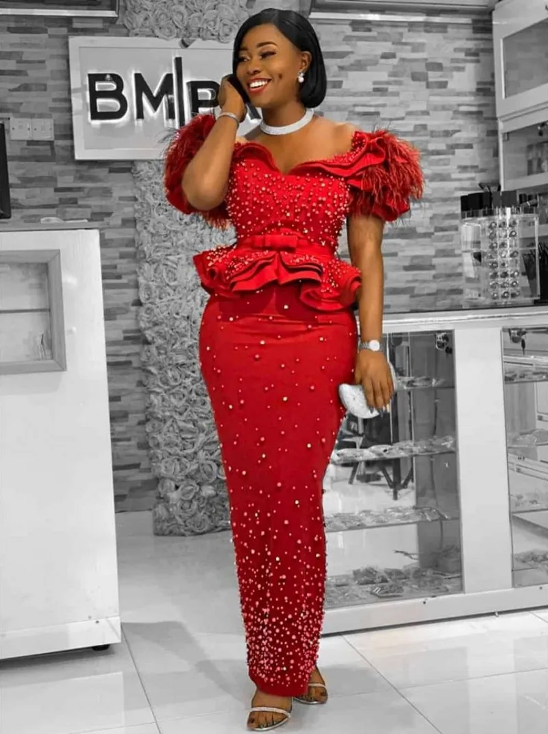 

Aso Ebi Style Evening Dresses With Beads Ruffled Sleeves Feathers Short Sleeves Red Women Formal Prom Gowns