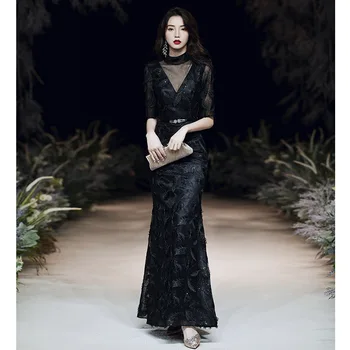 

Black Mermaid Sequins Chinese Oriental Wedding Female Cheongsam Vintage Evening Dress Elegant Celebrity Banquet Dresses Oversize