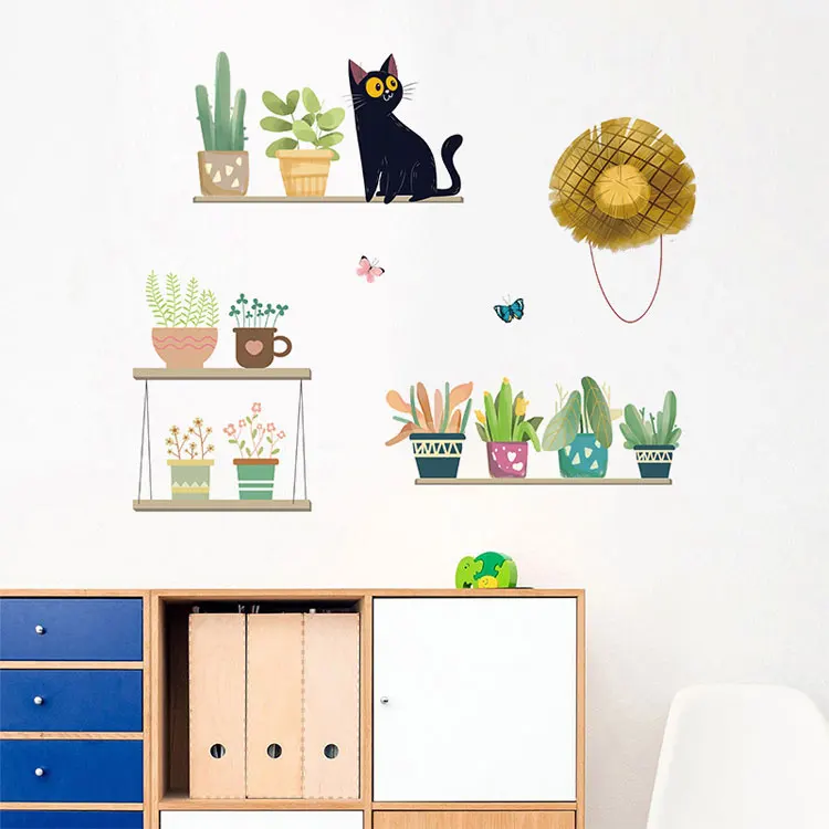 Cute Kitten flower pot wall stickers living room bedroom home wall decoration art mural stickers combination removable wallpaper