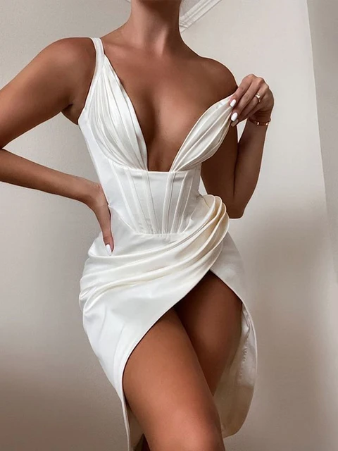 High Quality Satin Bodycon Dress Women Party Dress 2021 New Arrival Lined V Neck Sexy Dress Celebrity Evening Club Night Dresses 3