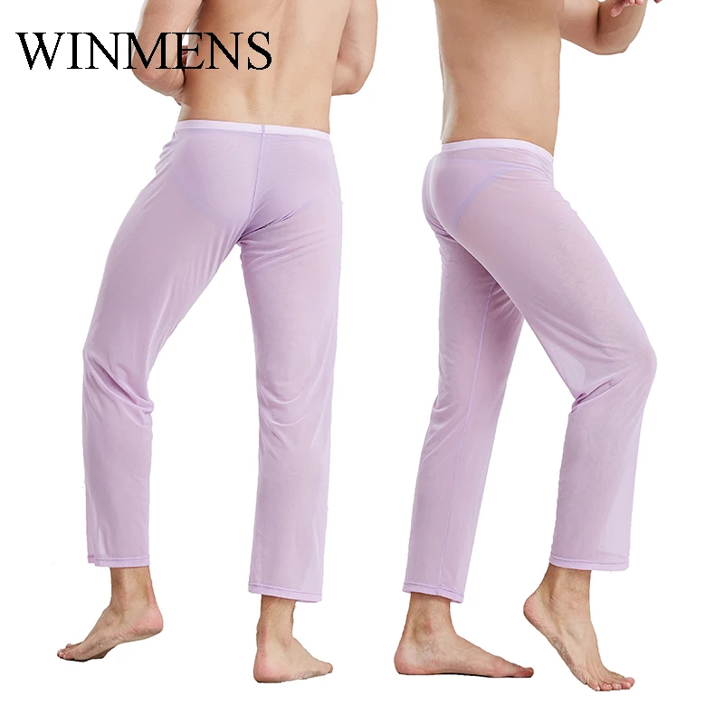 Pajamas for Men Mesh Sheer Thin Lounge Wear Loose Transparent Sexy Sleep Ninth-Pants Colorful Funny Home Bottoms mens pjs sale