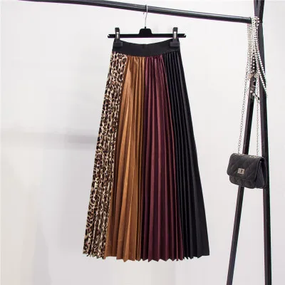 667 европейский и американский хит цвет плиссированная юбка женская осень и зима длинная юбка смешанных цветов леопардовая юбка