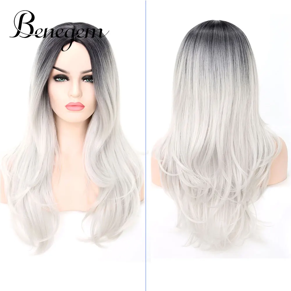 black to silver Benegem черные до Серебряные длинные женские парики с волнистыми концами 24 дюйма средняя часть без Кружева синтетические Косплей вечерние парики костюм 60 см - Цвет: black to silver