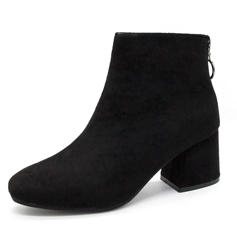 black flock Ботинки martin на высоком квадратном каблуке в стиле ретро; botas mujer; коллекция года; дизайнерские замшевые и кожаные ботинки на молнии сзади; зимние женские ботинки «Челси» - Цвет: black flock